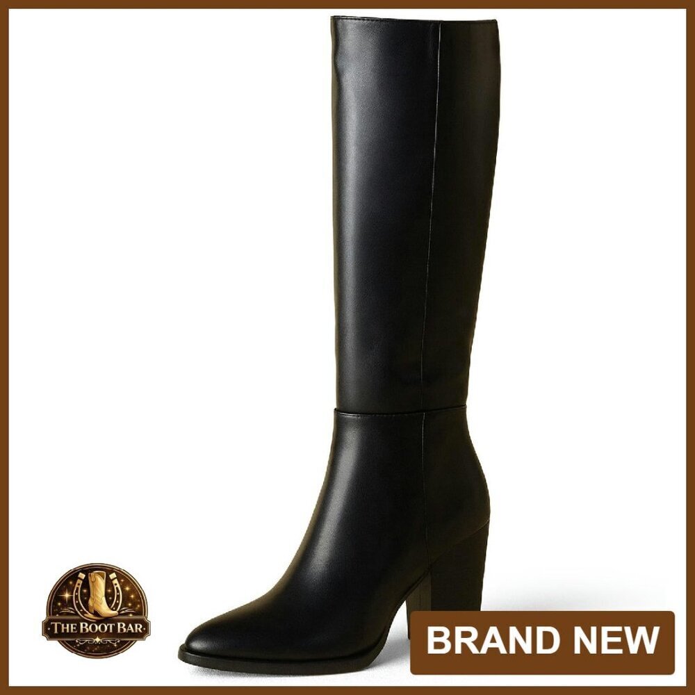 Knee High Boots Pointed Toe Chunky Heel Zipper Faux Leather Size 8